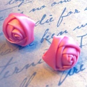 Dark Pink Satin Rosebud Fabric Earrings